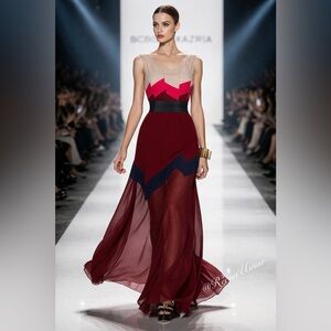 BCBGMaxAzria Burgundy & Pink Sheer Panel Maxi Dress – Size Large (NWT)